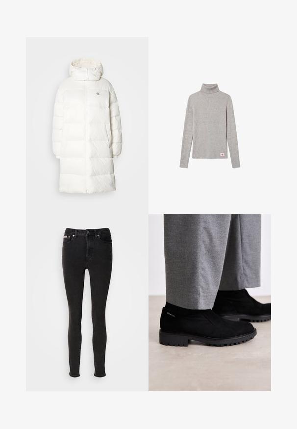 Manteau doudoune blanc avec une silhouette longue et droite. Il possède une fermeture éclair sur le devant, des poignet élastiques et une capuche avec des bords froncés. Détail logo discret.; Pull à col roulé côtelé gris clair à manches longues avec un petit écusson du logo CK rouge et blanc près de l'ourlet inférieur.; Jean skinny noir en denim à texture lisse, doté d'un design à cinq poches, passants pour ceinture et fermeture par bouton en métal.; Bottines en suede noir avec semelle en caoutchouc, dotées d'un panneau élastique sur le côté et d'un accent de logo sur le talon. Associées à un pantalon gris.