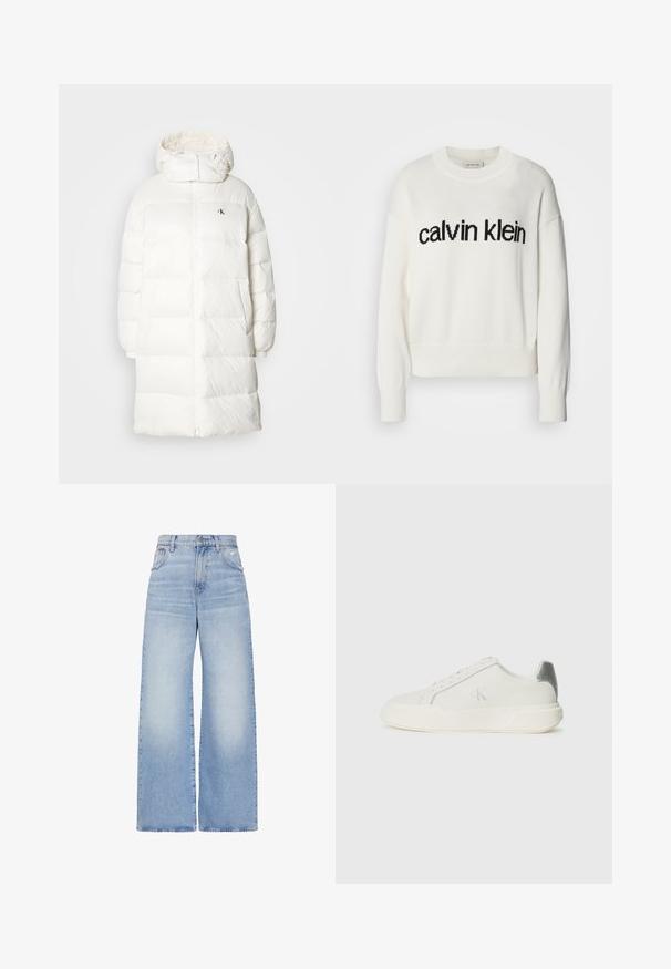 Hvid pufferjakke med en lang, lige silhuet. Har lynlås foran, elastiske manchetter og en hætte med samlet kant. Lille logodetalje.; Hvid strikket sweater med rund halsudskæring og lange ærmer, med et sort "calvin klein" logo over brystet. Blød tekstur, cropped snit.; Lyseblå højtaljede jeans med vidde i benene, lukkes foran med knapper og lynlås, for- og baglommer samt en let slidt detalje på højre lomme.; Hvide sneakers lavet af læder med en glat tekstur, forsynet med en sølvaccent på hælen, flad sål og minimalistisk design.