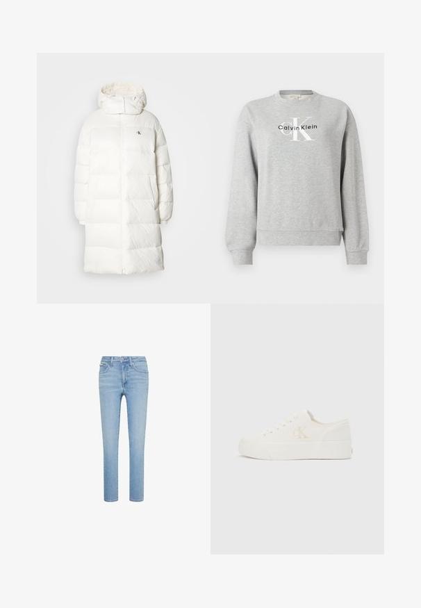 Manteau doudoune blanc avec une silhouette longue et droite. Il possède une fermeture éclair sur le devant, des poignet élastiques et une capuche avec des bords froncés. Détail logo discret.; Sweat-shirt gris clair à col rond avec manches longues et logo "Calvin Klein" en noir et blanc sur la poitrine.; Jean slim bleu clair avec cinq poches, bouton à l’avant et fermeture éclair, présenté sur fond blanc.; Baskets basses blanches avec semelle épaisse et logo "cK" sur le côté, lacets à l'avant, et design minimaliste sur fond neutre.