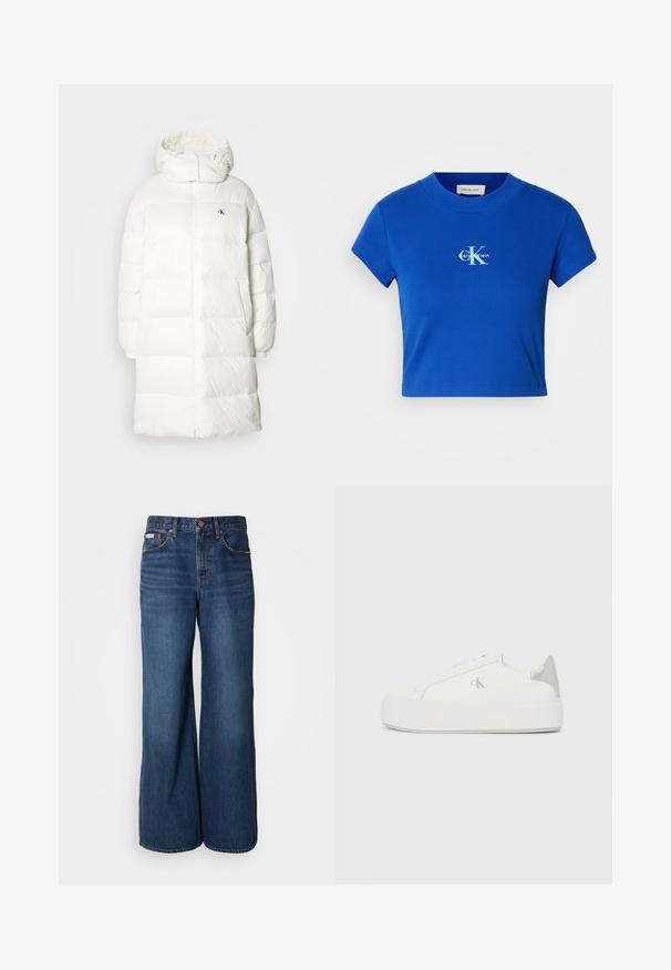 Hvid pufferjakke med en lang, lige silhuet. Har lynlås foran, elastiske manchetter og en hætte med samlet kant. Lille logodetalje.; Lyseblå cropped t-shirt med et hvidt "CK" logo og teksten "Calvin Klein", korte ærmer og rund halsudskæring.; Bredde jeans lavet af mørkeblåt denim. Funktioner inkluderer en høj talje, fem lommer og kontrasterende orange syninger langs sømmene.; Hvide lærredssneakers med en tyk hvid sål, prydet med en metallic sølvaccent på hælen og en diskret logo-detalje på siden.