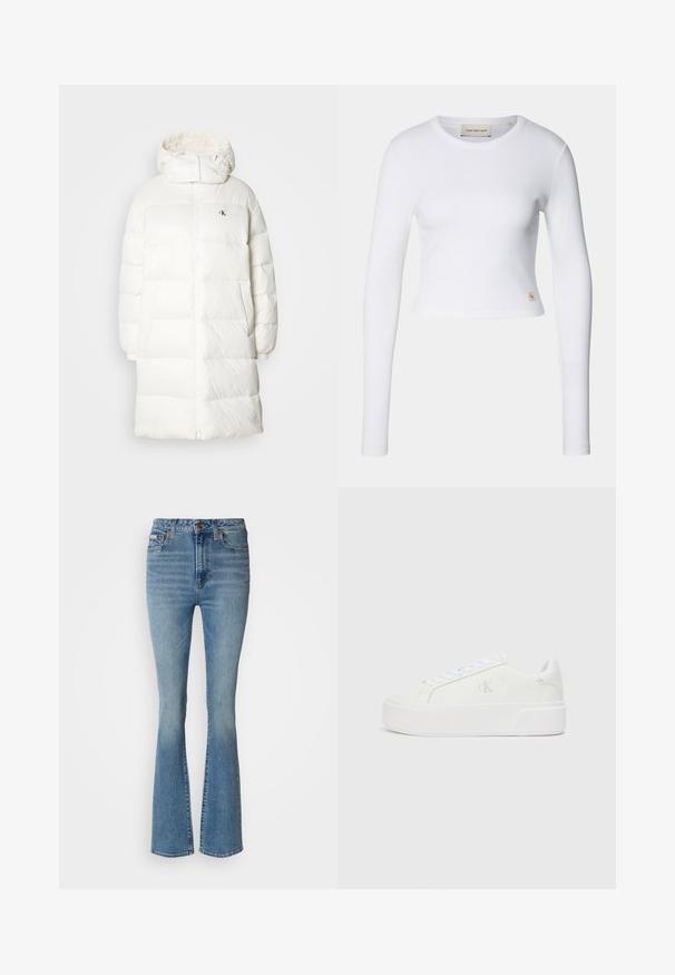 Manteau doudoune blanc avec une silhouette longue et droite. Il possède une fermeture éclair sur le devant, des poignet élastiques et une capuche avec des bords froncés. Détail logo discret.; Crop top blanc à manches longues en tissu côtelé. Il présente un col rond et une petite étiquette logo sur le bas à gauche.; Jeans évasés bleu clair en denim, avec une taille haute, un effet délavé et des coutures visibles, agrémentés de détails en métal marron.; Baskets plateformes blanches avec une tige en cuir lisse, bout arrondi, lacets blancs et un logo discret sur le côté. Semelle en caoutchouc plate.