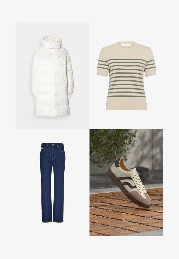 Hvid pufferjakke med en lang, lige silhuet. Har lynlås foran, elastiske manchetter og en hætte med samlet kant. Lille logodetalje.; Beige kortærmet sweater med vandrette olivengrønne striber, rund udskæring og ribbede kanter. Blød tekstur, afslappet strikdesign.; Mørkeblå jeans med lige ben, frontknap og lynlås, fem-lomme design og synlige syningsdetaljer.; Kremet og brun sneakers med snørebånd, ruskindsspids og mørkebrun sål, der svæver over et trægulv udendørs.