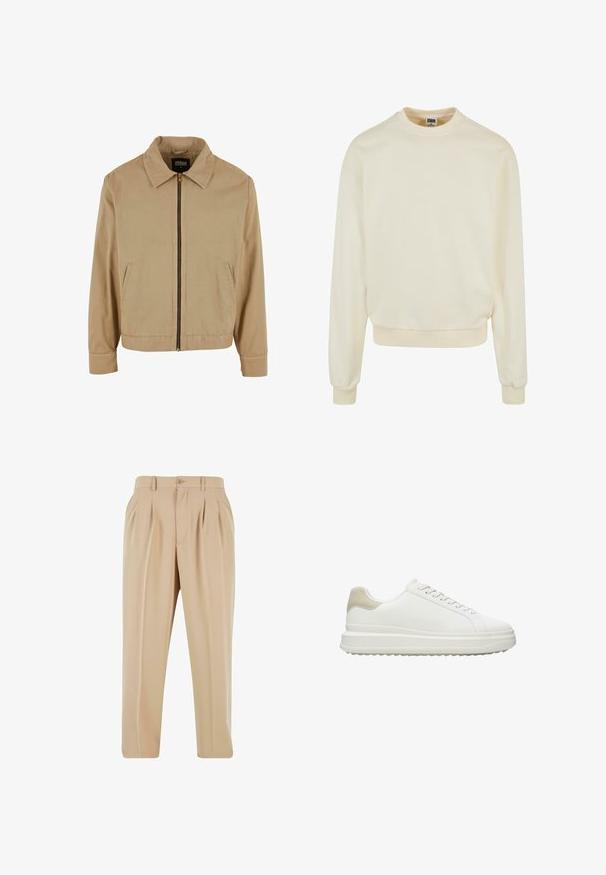 Beige lynlåsjakke med klassisk krave, to sidelommer og lange ærmer. Fremstillet af bomuld med en glat tekstur.; Cremefarvet sweatshirt lavet af blødt stof, med rund hals, lange ærmer og ribbede manchetter og kant. Ingen mønstre eller grafik.; Beige plisserede bukser med lige ben-design, lavet af glat stof, med en knaplukning og løkker til bælte i taljen.; Hvide sneakers lavet af glat læder med en tekstureret beige hælaccent, med runde snørebånd, et lavt profil design og en gummiydersål.