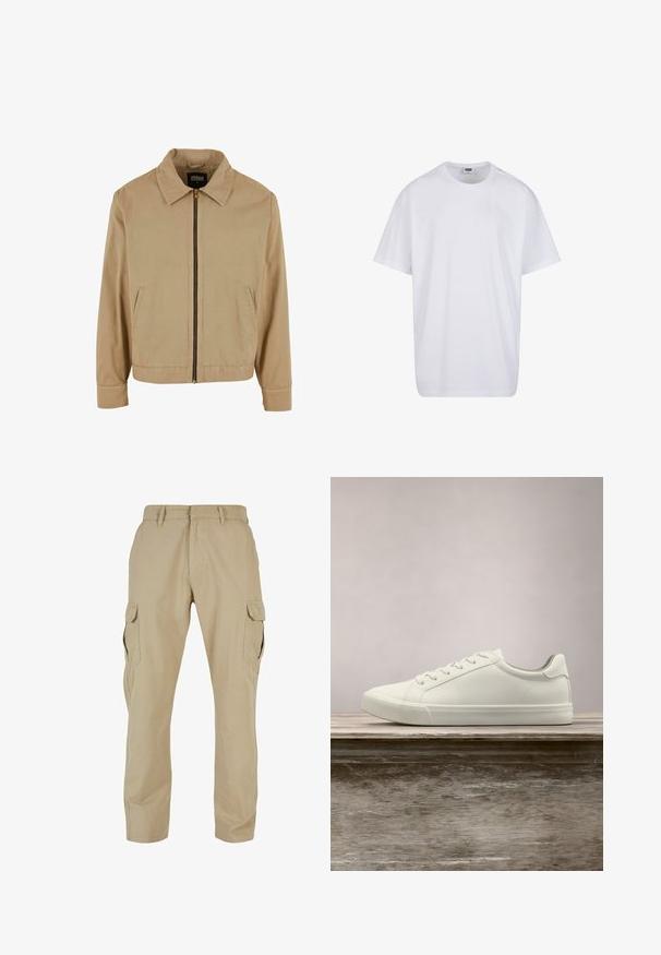 Beige zip-up jas met een klassieke kraag, twee zijzakken en lange mouwen. Gemaakt van katoen met een zachte textuur.; Effen witte katoenen T-shirt met korte mouwen, ronde hals en zichtbare maat- en merklabel aan de binnenkant van de kraag.; Beige cargopants van katoen-twill, met meerdere zijzakken, een recht model en een ritssluiting met beltloops.; Witte vetersneaker die boven een houten bank zweeft met groene bladeren op de achtergrond, waarbij het ontwerp en de textuur van de schoen worden getoond.