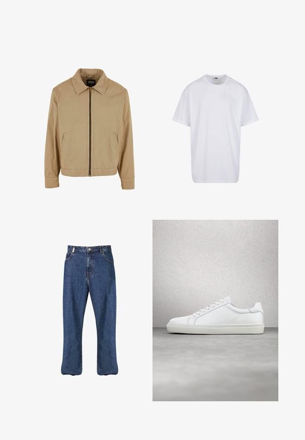Beige lynlåsjakke med klassisk krave, to sidelommer og lange ærmer. Fremstillet af bomuld med en glat tekstur.; Hvid, kortærmet bomulds-T-shirt med rund hals og synligt størrelses- og mærkelabel inde i kraven.; Mørkeblå denim jeans med lige bendesign, klassisk fem-lomme stil og synligt syning langs sømmene.; Hvide sneakers med en glat læderoverdel og lav profil. Har en rund tå, seks snørehuller og en tekstureret gummisål.