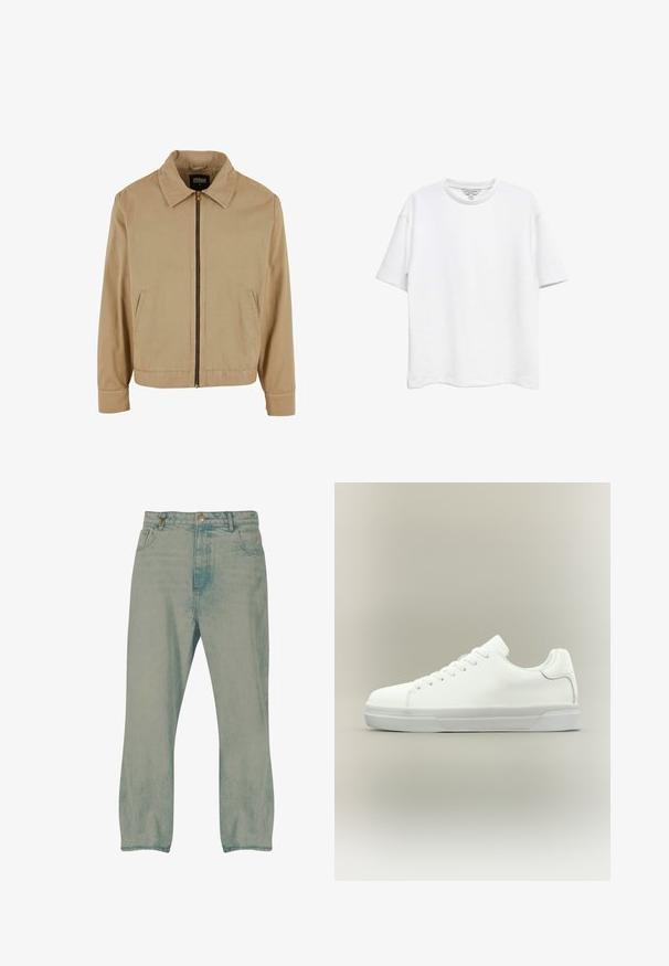 Beige lynlåsjakke med klassisk krave, to sidelommer og lange ærmer. Fremstillet af bomuld med en glat tekstur.; Hvid, kortærmet T-shirt med rund hals, løs pasform og en lille label indvendigt i halsudskæringen.; Lyseblå jeans med lige ben, forrest knapper, bæltestropper og forlommer, vist mod en hvid baggrund.; Hvid lavtop sneaker med snørelukning foran, polstret krave og tekstureret gummisål, vist i sidelayout på neutral baggrund.