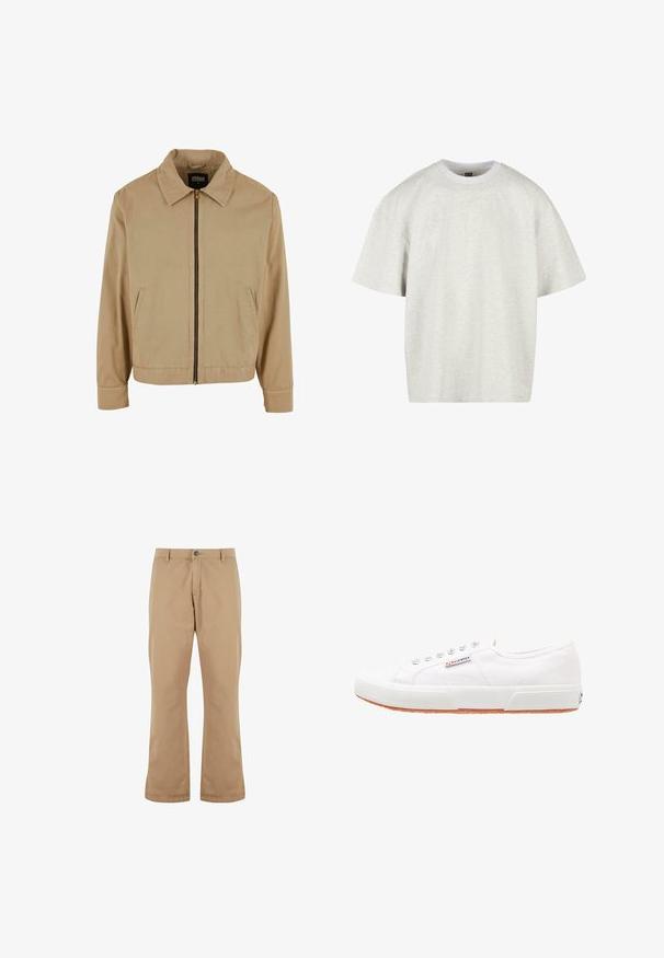 Beige lynlåsjakke med klassisk krave, to sidelommer og lange ærmer. Fremstillet af bomuld med en glat tekstur.; Lys grå bomulds t-shirt med korte ærmer, rund hals og en afslappet pasform. Stof overfladen er blød og let struktureret.; Beige bomuldsbukser med lige pasform, der har knaplukning, forlommer og en glat tekstur.; Hvide kanvas sneakers med gummisål, snørebåndsdesign og et lille logo mærke på siden. Tekstureret hvid overdel og brun ydersål.