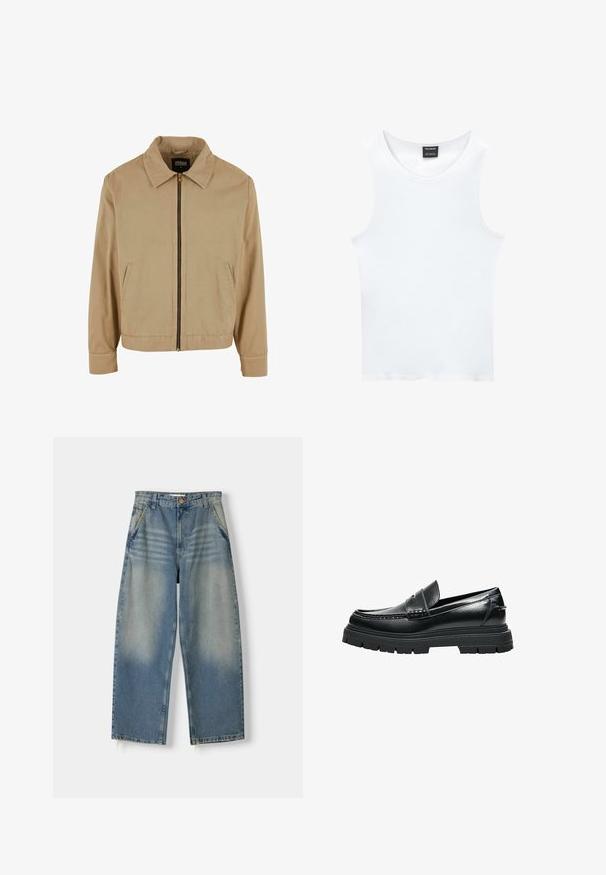 Beige lynlåsjakke med klassisk krave, to sidelommer og lange ærmer. Fremstillet af bomuld med en glat tekstur.; Hvid ærmeløs tanktop lavet af ribbet bomuld. Har en rund halsudskæring og en glat tekstur. Etiketten siger "PULL&BEAR."; Lyseblå denim wide-leg jeans med en falmet finish, fem-lomme design og rå kant. Har en frontknap og lynlås lukning.; Sort læder-loafer med tyk rillede sål og penny remdetaljer, vist fra siden på hvid baggrund.