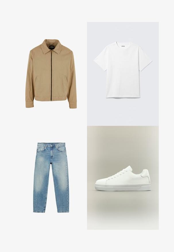 Veste zippée beige avec col classique, deux poches latérales et manches longues. Fabriquée en coton avec une texture lisse.; T-shirt blanc à manches courtes et col rond, étalé à plat, design uni, avec l'étiquette "WEEKDAY" à l'intérieur du col sur un fond clair.; Jean droit en denim bleu avec poches avant et passants de ceinture, présentant des détails légèrement décolorés sur les cuisses et les genoux.; Baskets basses blanches à lacets, doté d'un col rembourré et d'une semelle en caoutchouc texturée, présentées de profil sur un fond neutre.