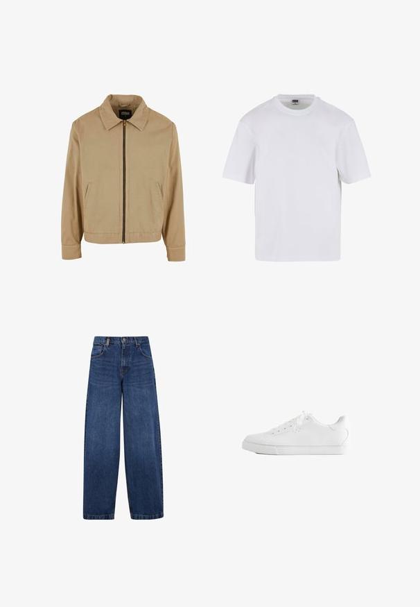 Beige zip-up jas met een klassieke kraag, twee zijzakken en lange mouwen. Gemaakt van katoen met een zachte textuur.; Witte kraagloze t-shirt met korte mouwen, gemaakt van katoen. Heeft een ronde halslijn en een losse pasvorm. Soepele textuur, minimalistisch ontwerp, geen patronen of accenten.; Wijdvallende blauwe denim jeans met een klassiek vijf-pocket ontwerp, knoopsluiting en een licht vervaagde textuur. Stevige stikdetails.; Witte lage sneaker met veters, glad leren bovenwerk en een platte rubberen zool, vanaf de zijkant op een witte achtergrond.