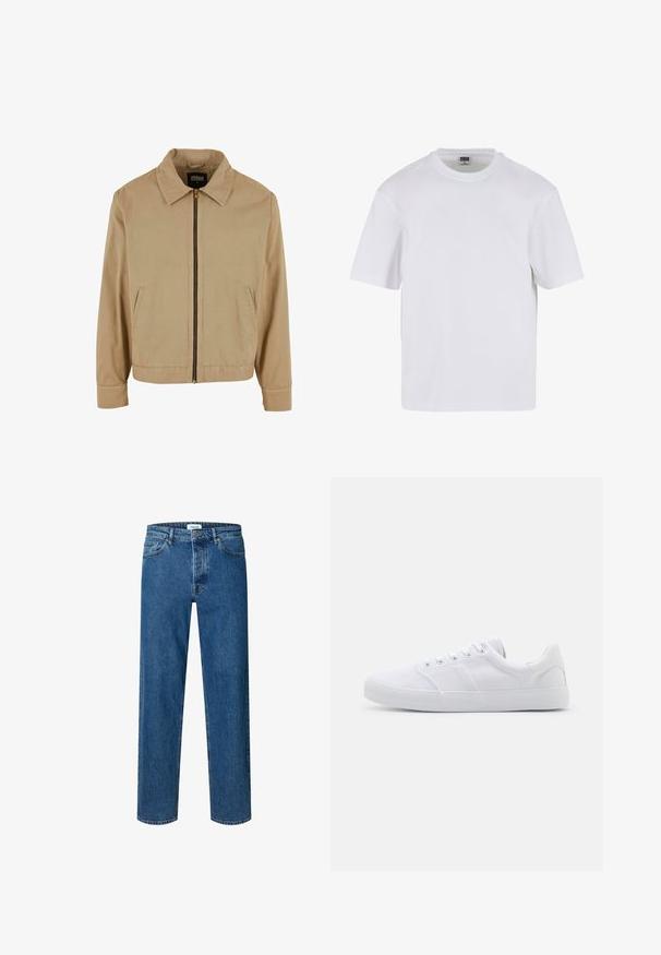 Veste zippée beige avec col classique, deux poches latérales et manches longues. Fabriquée en coton avec une texture lisse.; T-shirt blanc à manches courtes en coton. Il présente un col rond et une coupe décontractée. Texture lisse, design minimaliste, sans motifs ni accents.; Jean droit bleu en denim avec fermeture par bouton et fermeture éclair, passants de ceinture et design cinq poches.; Baskets en toile blanches avec une semelle en caoutchouc, dotées de six œillets, d'un embout texturé et d'un design minimaliste.