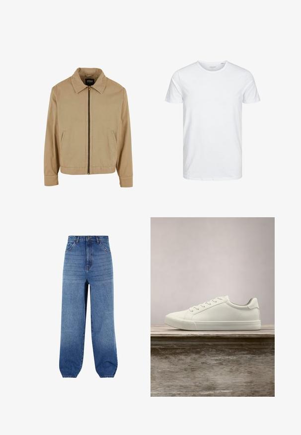 Veste zippée beige avec col classique, deux poches latérales et manches longues. Fabriquée en coton avec une texture lisse.; T-shirt à col rond à manches courtes de couleur blanche unie, fabriqué en coton doux, avec un design simple sans motifs ni accents visibles.; Jeans en denim bleu clair avec une taille haute, une coupe ample et des ourlets fuselés. Comprend cinq poches et un léger dégradé sur l'avant.; Sneaker en dentelle blanche flottant au-dessus d'un banc en bois avec un feuillage vert en arrière-plan, mettant en valeur le design et la texture de la chaussure.