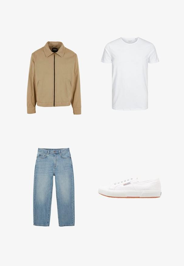 Beige lynlåsjakke med klassisk krave, to sidelommer og lange ærmer. Fremstillet af bomuld med en glat tekstur.; Rundhals kortærmet t-shirt i ensfarvet hvid, lavet af blød bomuld, har et simpelt design uden synlige mønstre eller detaljer.; Lyseblå denimjeans med lige ben, forsideknapper, lynlås og fem-lommer-design på hvid baggrund.; Hvide kanvas sneakers med gummisål, snørebåndsdesign og et lille logo mærke på siden. Tekstureret hvid overdel og brun ydersål.