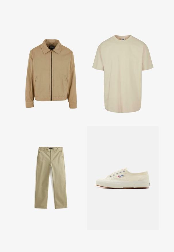 Beige lynlåsjakke med klassisk krave, to sidelommer og lange ærmer. Fremstillet af bomuld med en glat tekstur.; Kortærmet t-shirt i lys beige bomuld med rund halsudskæring, med en afslappet pasform og glat tekstur, ingen synlige mønstre eller detaljer.; Beige bomulds chinos med lige ben design, der har to forlommer og en klassisk knaplukning. Glat tekstur, minimale detaljer.; Beige lærredssneaker med et lavprofildesign, metaløjet og gummisål. Har et tekstureret mønster og logodetalje på siden.