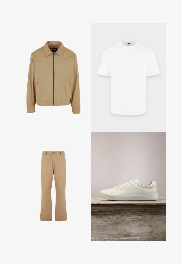 Beige lynlåsjakke med klassisk krave, to sidelommer og lange ærmer. Fremstillet af bomuld med en glat tekstur.; Enkelt hvid kortærmet T-shirt med rund hals i bomuld vist på en lys grå baggrund.; Beige bomuldsbukser med lige pasform, der har knaplukning, forlommer og en glat tekstur.; Hvide snørresneakers svævende over en træbænk med grønne planter i baggrunden, der fremhæver skodesign og tekstur.