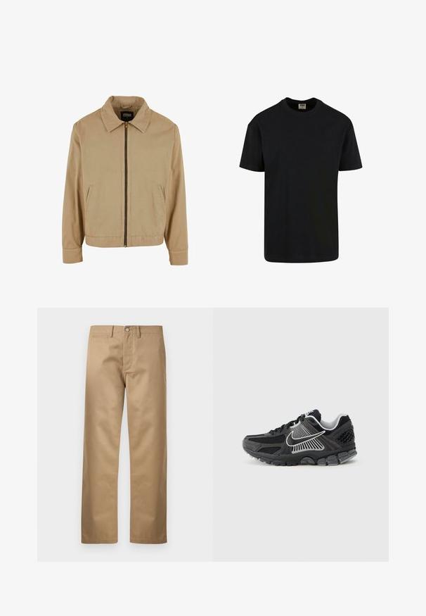Beige lynlåsjakke med klassisk krave, to sidelommer og lange ærmer. Fremstillet af bomuld med en glat tekstur.; Urban Classics SHORTSLEEVE - T-shirts basic - black; Kaki chinos lavet af glat bomuldsstof, med klassisk lige ben-design, forlommer og en enkelt baglomme.; Sort atletiksko med meshpaneler og syntetiske detaljer. Har en rundet tå, tyk polstret sål og kontrasterende hvide logodetaljer.