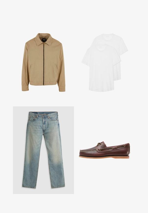 Beige lynlåsjakke med klassisk krave, to sidelommer og lange ærmer. Fremstillet af bomuld med en glat tekstur.; To hvide kortærmede T-shirts lavet af bomuld, med en rund hals, blødt materiale og et simpelt, udekoreret design.; Lyseblå lige ben denim jeans med fem lommer og knaplukning, vist på en flad grå baggrund.; Brun læder bådsko med hvide sømme, snøre detaljer og lysbrun gummisål, vist fra siden på hvid baggrund.