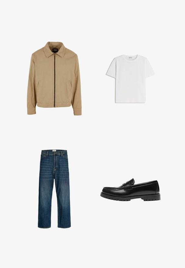 Veste zippée beige avec col classique, deux poches latérales et manches longues. Fabriquée en coton avec une texture lisse.; T-shirt en coton blanc avec un col rond et des manches courtes. Présente une coupe classique et carrée, sans motifs ni accents visibles.; Jeans en denim dans un délavage bleu foncé avec une coupe droite. Les caractéristiques comprennent une fermeture à bouton, des passants de ceinture et des surpiqûres décoratives.; Mocassin en cuir noir avec une semelle en caoutchouc épaisse et un détail classique de bride à monnaie, vu de côté extérieur.