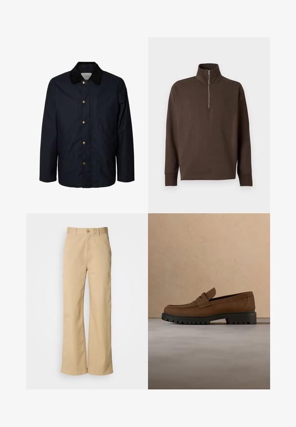 Chaqueta azul marino para hombre con cuello de pana negro y cinco botones automáticos visibles de latón en la parte delantera.; Pullover de manga larga marrón oscuro con un cuello alto y media cremallera en la parte frontal, exhibido sobre un fondo blanco liso.; Pantalones beige de pierna ancha, hechos de una mezcla de algodón. Presentan un cierre de botón y trabillas para cinturón. Textura suave, con detalles de costura mínimos.; Mocasín de cuero marrón oscuro con suela gruesa de goma negra, mostrado sobre una alfombra beige y fondo de sofá.