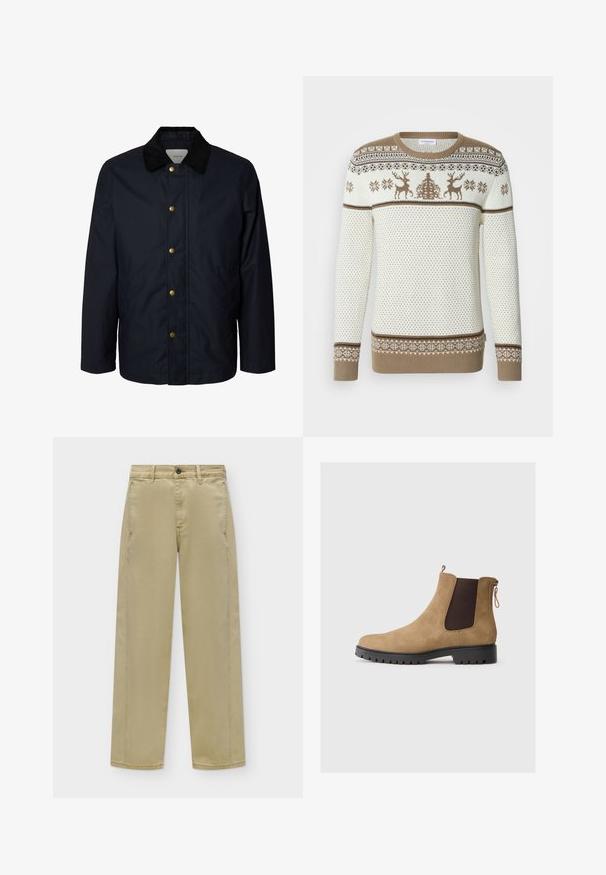 Herre navyblå jakke med sort kordfløjlkrave og fem synlige messingtryklåse ned foran.; Strikket sweater i creme og tan med et motiv af rensdyr og snefnug. Ribstrikkede ærmekanter og kant forneden, struktureret design med kontrasterende bånd.; Beige bukser med lige ben, bæltestropper, foran knap, lynlås og sidelommer på en ensfarvet baggrund.; Tan ruskind ankelstøvle med en rund tå, elastiske sidepaneler, en bageste løftestrop og en tekstureret gummisål for godt greb.