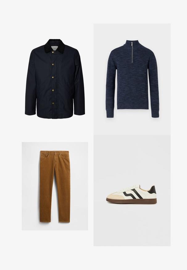 Heren navyblauwe jas met zwarte corduroy kraag en vijf zichtbare messing drukknoopsluitingen aan de voorkant.; Marineblauwe gebreide trui met een hoge kraag en een halve rits. Textuurstof met een subtiel patroon; ribgebreide boorden en zoom.; Bruine corduroy broek met een rechte pijp, voorzien van vijf zakken en een metalen knoopsluiting aan de taille. Gestructureerde stof.; Witte lederen sneaker met zwarte strepen en een lichtbruine suède neuskap. Rubberzool in donkerbruin. Veters en een gewatteerde kraag maken het ontwerp compleet.