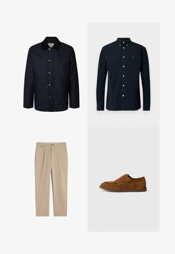 Chaqueta azul marino para hombre con cuello de pana negro y cinco botones automáticos visibles de latón en la parte delantera.; Camisa de manga larga color azul marino oscuro con cuello abotonado, botones blancos y un pequeño logotipo tricolor en el pecho izquierdo. Tela de algodón.; Pantalones beige de pierna recta con trabillas para el cinturón, cierre delantero con botón y cremallera, bolsillos laterales y detalle plisado cerca de la cintura.; Zapato de ante marrón con punta redondeada, costuras decorativas y seis ojales para cordones en contraste. Suela plana y diseño minimalista.