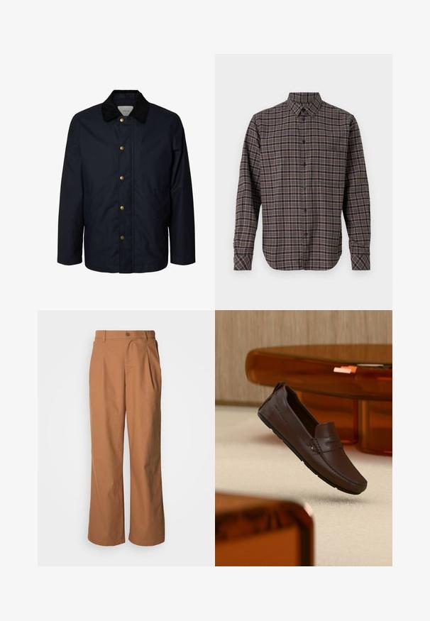 Heren navyblauwe jas met zwarte corduroy kraag en vijf zichtbare messing drukknoopsluitingen aan de voorkant.; Langemouwen flanellen shirt in donkergroen, met een geruit patroon van roze en witte lijnen, knoopsluiting en een enkele borstzak.; Wijde broekspijpen van een warmbruine stof, voorzien van een knoopsluiting aan de voorkant, subtiele plooien en een recht model voor een ontspannen pasvorm.; Bruine leren loafer zwevend boven een beige tapijt met amberkleurige moderne glazen meubels op de achtergrond.