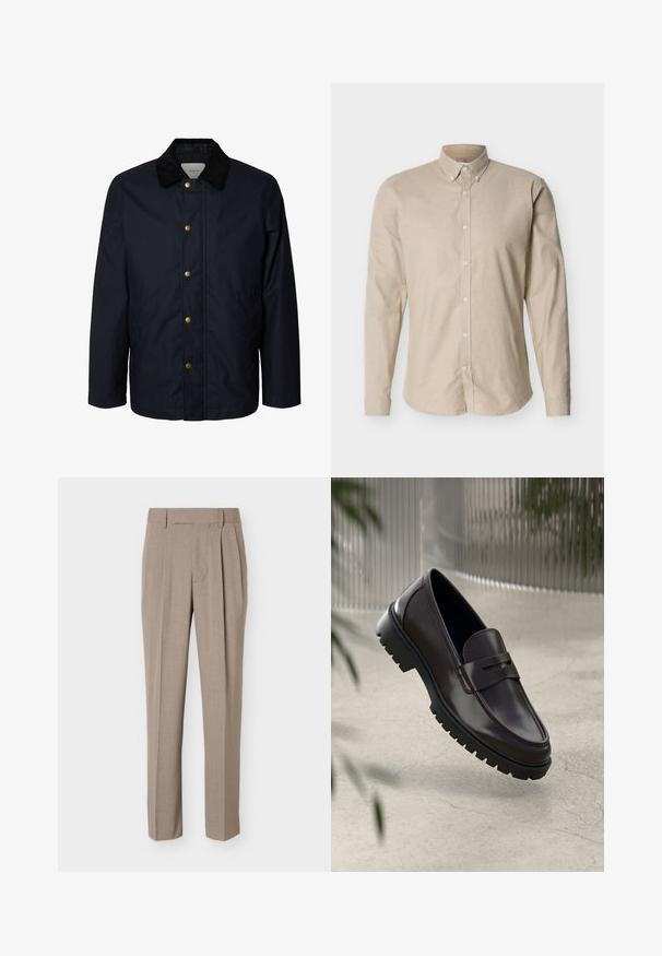 Herren navyblaue Jacke mit schwarzem Kordkragen und fünf sichtbaren Messing-Druckknöpfen vorne.; Beige Langarm-Hemd mit Knopfleiste und einem Button-Down-Kragen sowie einer taillierten Passform, auf neutralem Hintergrund präsentiert.; Beige, maßgeschneiderte Hose mit vorderen Falten, Gürtelschlaufen und verdecktem Frontverschluss, dargestellt auf weißem Hintergrund.; Braune Leder-Loafers mit einer strukturierten, geriffelten Gummisohle. Sie zeichnen sich durch ein schlankes Design und einen dekorativen Riemen über dem Spann aus.
