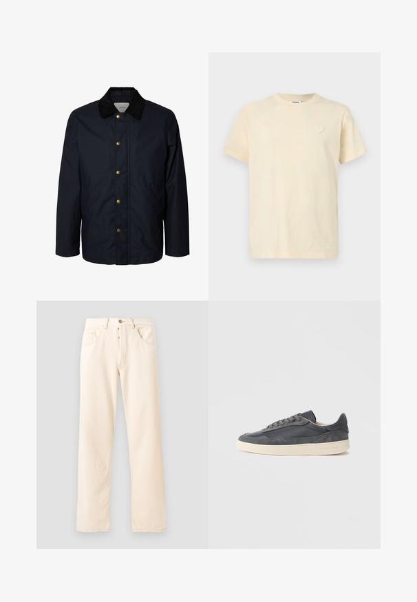 Herre navyblå jakke med sort kordfløjlkrave og fem synlige messingtryklåse ned foran.; Kremfarvet T-shirt med korte ærmer, rund hals og lille hjertebroderi på venstre bryst.; Lys beige denim jeans med en lige ben design, fem lommer og en frontlukning med knap. Syninger synlige langs sømmene.; Mørkegrå sneakers lavet af læder og ruskind med lavt snit, med en cremefarvet gummisål og flade snørebånd.