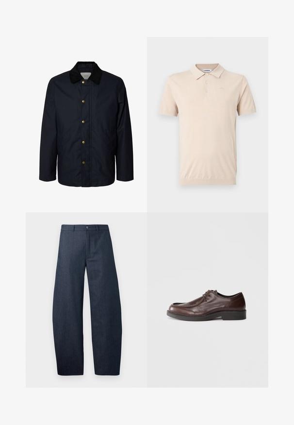 Herre navyblå jakke med sort kordfløjlkrave og fem synlige messingtryklåse ned foran.; Beige kortærmet polo-shirt med krave, tre knapper og diskret mærkelogo på venstre bryst mod en ensfarvet baggrund.; Mørkeblå vide jeans lavet af denim, med knaplukning, bæltestropper og en glat tekstur uden synlige mønstre.; Brune lædersko med rund tå, minimal syning og en solid sort sål. Har snørelukning og en glat overflade.