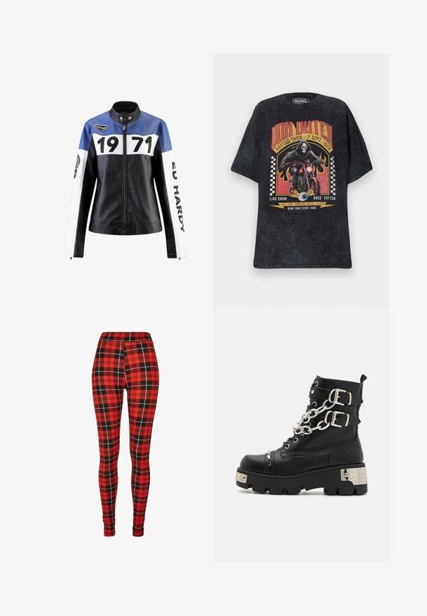 Schwarze und blaue Lederjacke mit weißen Akzenten, die "1971" und "ED HARDY" in fett gedruckt zeigt, mit Reißverschluss und Druckknopfkragen.; Schwarzes Von Dutch T-Shirt mit Grafik eines Skeletts auf einem Motorrad, Flammen, karierten Fahnen und Veranstaltungsdetails in Rot und Gelb.; Rote karierte Leggings mit einem schwarz-weißen Karomuster. Hergestellt aus dehnbarem Material und mit einem hohen Taillendesign.; Koi Footwear SHACKLED SHADOWS HEAVY DUTY CHAIN - Cowboy-/Bikerstiefelette - black
