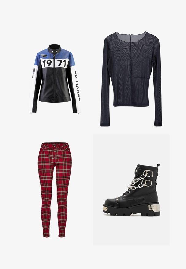 Schwarze und blaue Lederjacke mit weißen Akzenten, die "1971" und "ED HARDY" in fett gedruckt zeigt, mit Reißverschluss und Druckknopfkragen.; Schwarzes langärmliges Oberteil aus transparenter Stoff, mit einem gewellten Ausschnitt und einer Nahtdetails über der Brust. Glatte, leichte Textur.; Rote karierte Skinny Jeans mit einer taillierten Passform, die gelbe und schwarze Linien aufweisen, einem Knopfverschluss und klassischen Fronttaschen.; Koi Footwear SHACKLED SHADOWS HEAVY DUTY CHAIN - Cowboy-/Bikerstiefelette - black