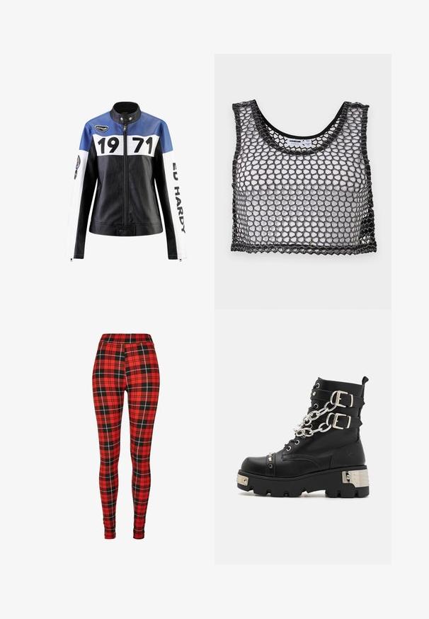 Schwarze und blaue Lederjacke mit weißen Akzenten, die "1971" und "ED HARDY" in fett gedruckt zeigt, mit Reißverschluss und Druckknopfkragen.; Schwarzes ärmelloses Crop-Top mit weitem Netzgewebe und gezackten Kanten, flach ausgebreitet mit Blick auf die Vorderseite und die inneren Etikett-Details.; Rote karierte Leggings mit einem schwarz-weißen Karomuster. Hergestellt aus dehnbarem Material und mit einem hohen Taillendesign.; Koi Footwear SHACKLED SHADOWS HEAVY DUTY CHAIN - Cowboy-/Bikerstiefelette - black