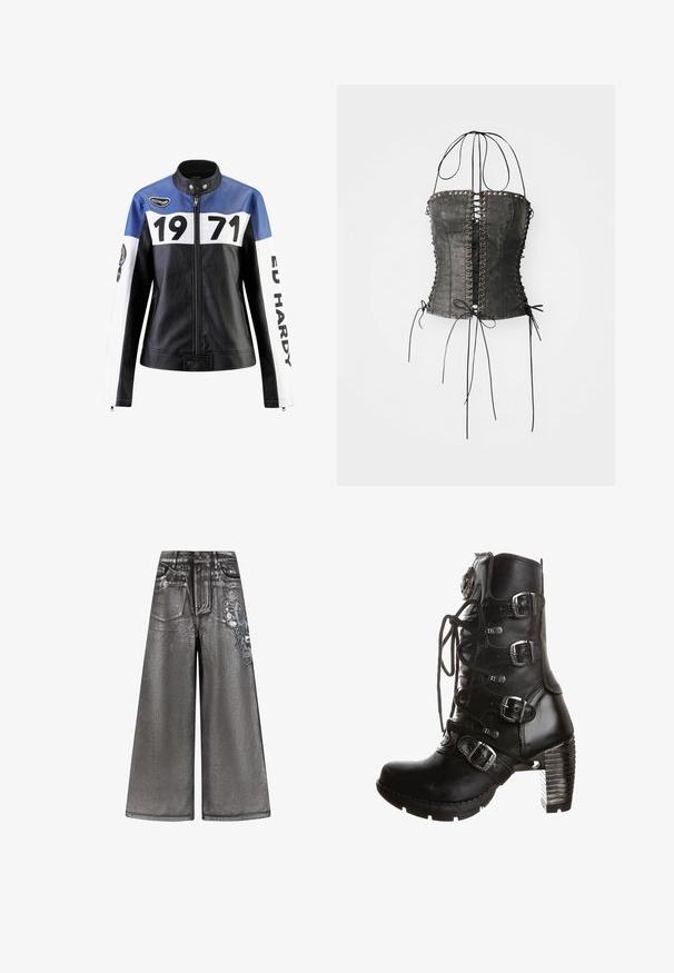 Schwarze und blaue Lederjacke mit weißen Akzenten, die "1971" und "ED HARDY" in fett gedruckt zeigt, mit Reißverschluss und Druckknopfkragen.; Jaded London LONGLINE LACE UP HALTER CORSET - Top - black; Graue, weit geschnittene Denim-Hosen mit glänzender Textur, Fronttaschen und einem dekorativen Schmetterling-Graphic an der Seite. Abgenutzte Details sind vorhanden.; Schwarzer Lederstiefel bis zur Mitte der Wade mit vorderer Schnürung, vier silbernen Schnallenriemen und einem kräftigen Absatz.