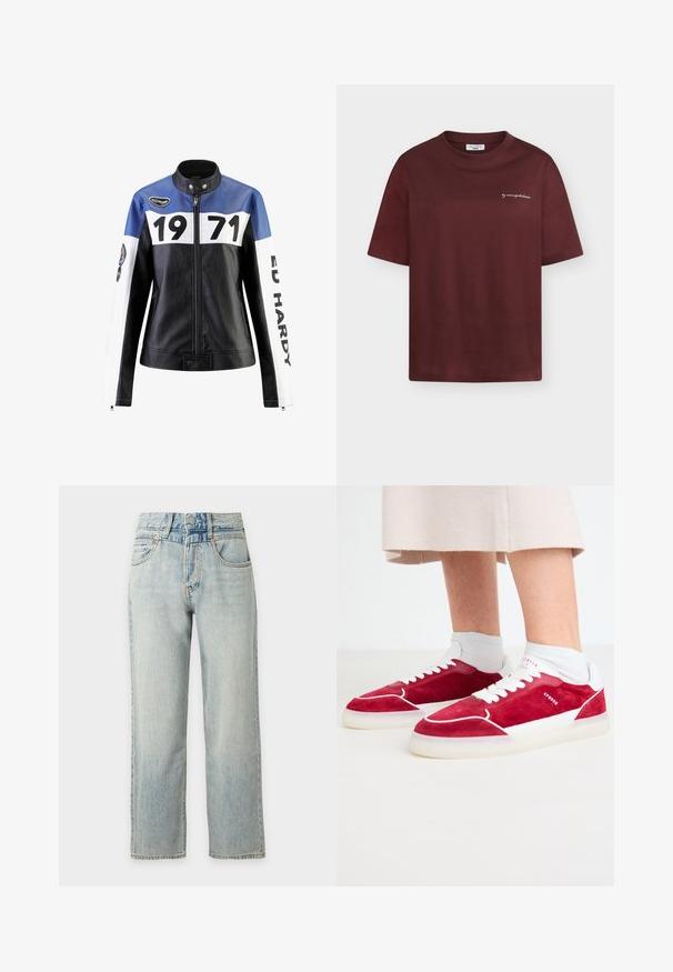 Schwarze und blaue Lederjacke mit weißen Akzenten, die "1971" und "ED HARDY" in fett gedruckt zeigt, mit Reißverschluss und Druckknopfkragen.; Weinrotes T-Shirt mit kurzen Ärmeln und Rundhalsausschnitt, mit kleinem weißen Schriftzug „by marcopolo denim“ auf der linken Brust.; Hellblaue hoch taillierte Jeans mit geradem Bein, vorderen Taschen und Knopfverschluss auf einfachem weißem Hintergrund.; Rote Wildledersneaker mit weißen Akzenten und Schnürsenkeln, ausgestattet mit einer glatten Gummisohle und minimalistischem Design.