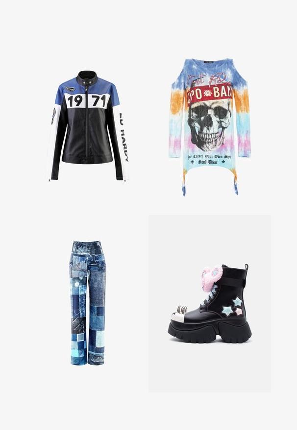 Schwarze und blaue Lederjacke mit weißen Akzenten, die "1971" und "ED HARDY" in fett gedruckt zeigt, mit Reißverschluss und Druckknopfkragen.; Langärmliges Top mit kalten Schultern in Blau, Orange und Pink im Batikdesign. Es verfügt über eine große Totenkopf-Grafik mit Strass-Akzenten und Text darunter.; Patchwork-Jeans mit hoher Taille, die verschiedene Blautöne, abgenutzte Stellen und eine Mischung aus Texturen in weitem Bein-Design aufweisen.; Schwarzer Plateau-Stiefel mit silberner Krallen-Spitze, rosa pelzigen Ohrclips mit blauen Sternen und blauen und rosa Sternaufnähern an der Seite.