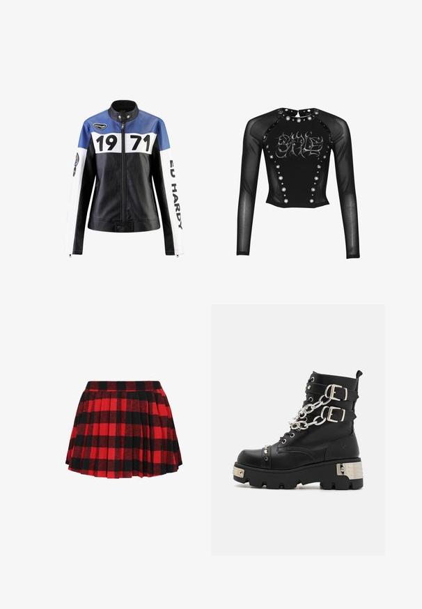 Zwart en blauwe leren jas met witte accenten, voorzien van "1971" en "ED HARDY" in vetgedrukt lettertype, ritssluiting en drukknopkraagdetail.; Zwarte mesh top met lange mouwen met metalen oogjes langs het voorpaneel en de kraag, met zilveren gotische letters op de borst.; Rode en zwarte geruite plissérok met een aansluitende tailleband, gemaakt van gestructureerde stof, met een klassiek geblokt patroon.; Koi Footwear SHACKLED SHADOWS HEAVY DUTY CHAIN - Cowboy-/Bikerlaarsjes - black