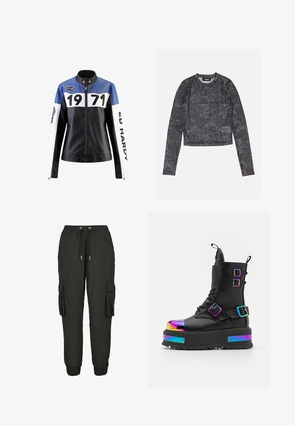 Schwarze und blaue Lederjacke mit weißen Akzenten, die "1971" und "ED HARDY" in fett gedruckt zeigt, mit Reißverschluss und Druckknopfkragen.; Langärmliges, verkürzt geschnittenes Oberteil aus strukturiertem schwarzem Stoff mit einem grauen Camouflage-Muster. Es hat einen runden Ausschnitt und ein kleines Etikett an der Seite.; Schwarze Cargo-Hosen aus leichtem Material, mit elastischem Bund, verstellbarem Kordelzug, Seitentaschen und gerippten Bündchen.; Koi Footwear COSMIC FIRE METAL PLATFORM BOOTS - Schnürstiefelette - black/multi-coloured