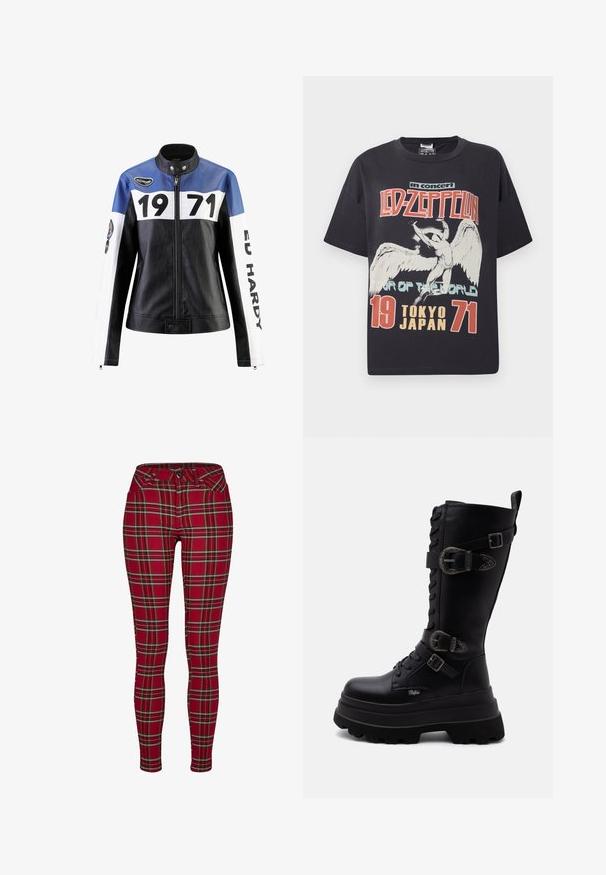 Zwart en blauwe leren jas met witte accenten, voorzien van "1971" en "ED HARDY" in vetgedrukt lettertype, ritssluiting en drukknopkraagdetail.; Zwarte katoenen t-shirt met een grote grafische afdruk van een engel met de tekst "Led Zeppelin in concert Tour of the World Tokio Japan 1971."; Rode geruite skinny jeans met een aansluitend ontwerp, voorzien van gele en zwarte lijnen, een knoopsluiting en standaard voorkeurluizen.; Zwarte mid-kuit combatlaars met chunky plateauzool, veterluiting aan de voorkant en drie decoratieve gespen aan de zijkant.