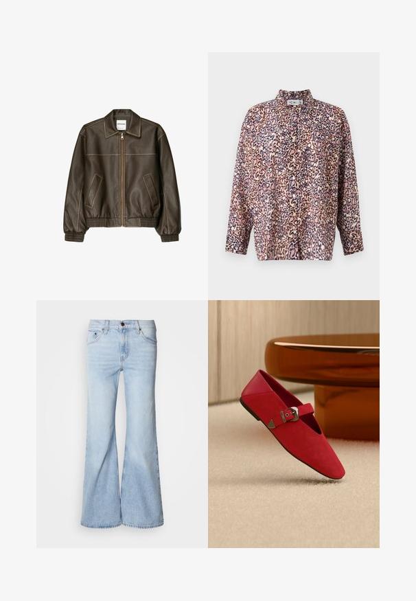 Brun læder bomberjakke med lynlåsfortil, spids krave, elastiske cuffe og kant, samt sidelommer. Kontrastsyninger synlige.; Trykt bluse med et mønster af leopard i pink, brun og blå. Den har krave, knaplukning foran og lange ærmer med manchetter.; Lyseblå vidde jeans med højtaljet design, lavet af denimstof, fem lommer og knaplukning. Benene er vide og har en let falmet finish.; Rød flad sko med spids tå og sølvspænde, placeret på beige tæppe nær et rundt brunt bord.