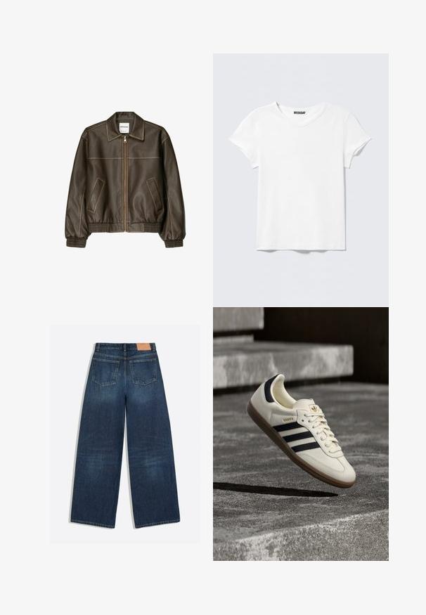 Veste bomber en cuir marron avec fermeture éclair à l'avant, col pointu, poignets et ourlet élastiqués, et poches latérales. Coutures contrastées visibles.; T-shirt blanc uni à manches courtes avec col en V et une petite étiquette "WEEKDAY" à l'intérieur du col, présenté sur un fond gris clair.; Jean denim bleu foncé à jambes larges avec deux poches arrière et une étiquette en cuir marron à la ceinture.; Baskets blanches Adidas Samba avec des bandes noires et une semelle en gomme, flottant au-dessus de marches en béton gris texturé.
