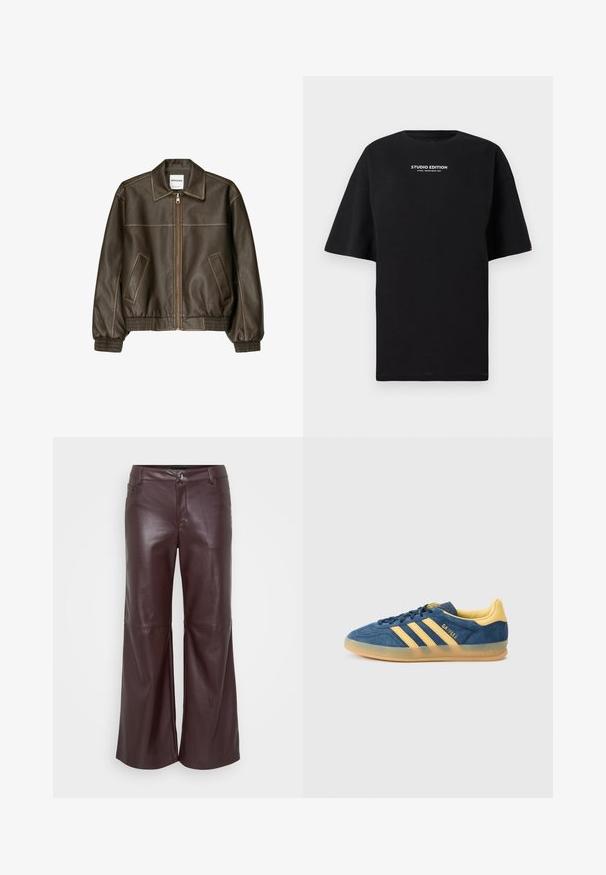 Brun læder bomberjakke med lynlåsfortil, spids krave, elastiske cuffe og kant, samt sidelommer. Kontrastsyninger synlige.; Sorte oversized t-shirt lavet af bomuld, med rund halsudskæring og korte ærmer, med "STUDIO EDITION" trykt i hvidt.; Bordeaux læder brede bukser med en glat tekstur, der har en frontlukning med knap, bæltestropper og to sidelommer.; Blå ruskindsneaker med gule detaljer, der har tre gule striber, tekstureret tunge og gennemsigtig gummisål. Mærkenavnet "Gazelle" er synligt.