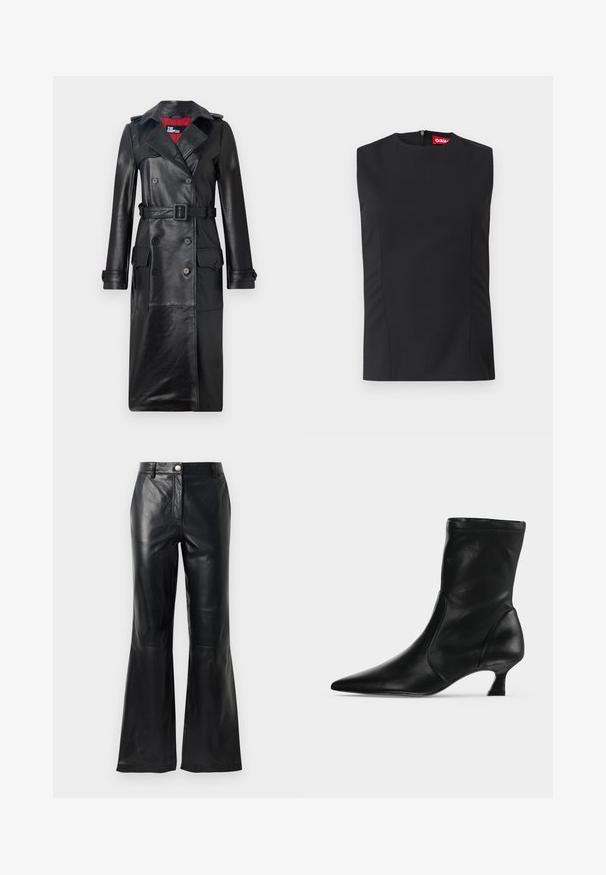 The Kooples Trenchcoat - black; Schwarzes ärmelloses Oberteil mit hohem Halsausschnitt, Vorderfalten und unsichtbarem Reißverschluss auf der Rückseite. Hergestellt aus glattem Stoff mit strukturierter Passform.; Schwarze Kunstlederhosen mit hoher Taille, Knopfverschluss, Gürtelschlaufen und ausgestellten Beinen vor einem weißen Hintergrund.; Schwarzer Leder-Stiefel bis zur Mitte der Wade mit spitzer Schuhspitze und niedrigem Kittenabsatz, seitlich auf hellem einfarbigem Hintergrund gezeigt.