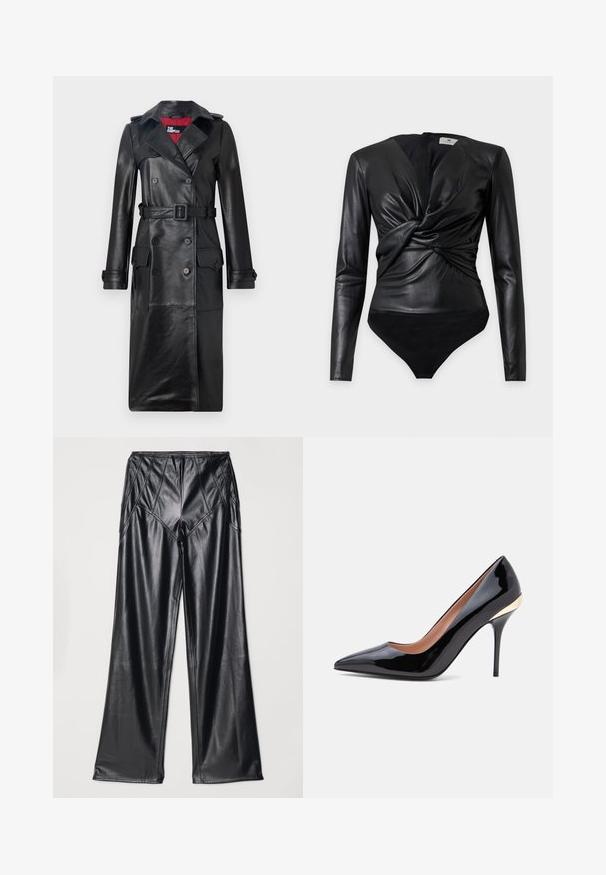 The Kooples Trenchcoat - black; Sort langærmet bodysuit i kunstlæder med tvistet frontdetalje og V-udskæring, figursyet ved talje og hofte.; Sorte kunstlæderbukser med en glat tekstur, brede ben og syninger langs taljen og siderne. Præsenteret i flad visning.; Sort laklæder pumps med spids tå, tynd stilet hæl og en gulddetalje nær hælkappen.