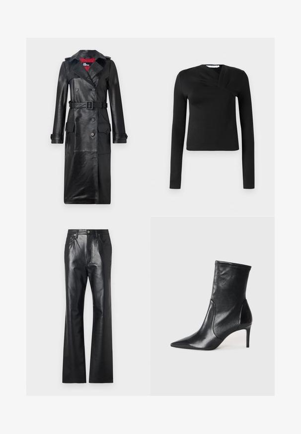 The Kooples Trenchcoat - black; Sort langærmet top med en omslagsdesign, lavet af glat stof. Har en cropped længde og en V-formet udskæring. Ingen mønstre eller accenter.; Sorte læderbukser med en glat tekstur, design med udvidede ben, lynlås foran og bæltestropper. Har diskrete stikninger som accent.; Sorte ankelstøvler lavet af glat læder, med spids tå, tætsiddende skaft og en slank høj hæl. Minimalistisk design uden synligt hardware.