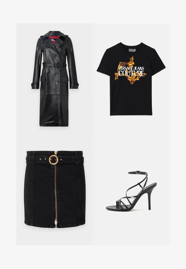 The Kooples Trenchcoat - black; Schwarzes Baumwoll-T-Shirt mit weißem Text "VERSACE JEANS COUTURE" und einem ausgefallenen goldenen Design, das den Text umrahmt, mit kurzen Ärmeln und Rundhalsausschnitt.; Schwarzer Denimrock mit einer goldenen, runden Gürtelschnalle, Frontreißverschluss und Gürtelschlaufen. Hat ein figurbetontes Design und einen geraden Saum.; Schwarze High-Heel-Sandale mit dünnen Riemen, einem Knöchelverschluss, einer glatten Lederoberfläche und einem schlanken Stiletto-Absatz.