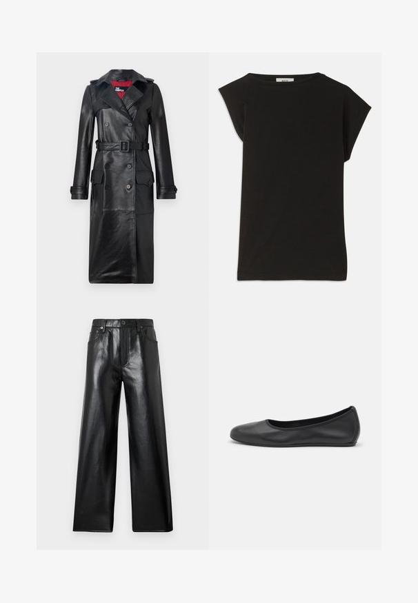 The Kooples Trenchcoat - black; Zwarte T-shirt van katoen, met een ruime pasvorm, korte capmouwen, een ronde halslijn en een gladde textuur.; Zwarte wijde broek met hoge taille van nep leer, met knoopsluiting aan de voorkant, ritssluiting en voor- en achterzakken tegen een lichtgrijze achtergrond.; Zwarte leren ballerina met een ronde neus, gladde textuur, minimale stikdetails en een flexibele zoolontwerp.