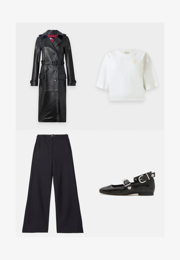 The Kooples Trenchcoat - black; Witte cropped T-shirt met korte mouwen en een kleine gele geborduurde "P" op de linkerborst.; Maje PIMANO - Broek - noir; Zwarte gepatineerde leren platte schoen met een vierkante neus, enkelband met zilverkleurige hardware en platte zool. Gladde textuur met minimalistisch ontwerp.