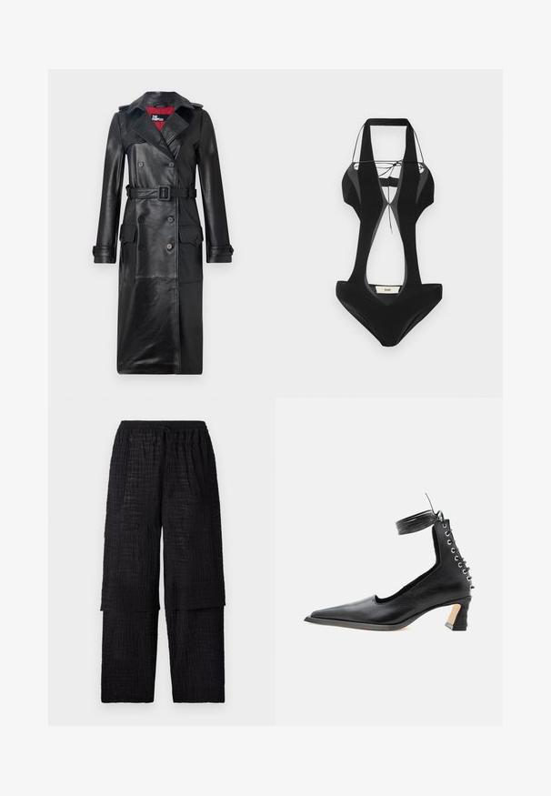 The Kooples Trenchcoat - black; Sort badedragt med udskårne sider, tykke stropper og v-halsdesign. Lavet af glat stof, med et mærketikette på ryggen.; Henrik Vibskov SHANTS PANTS - Bukser - black; Sort lavhælet lædersko med spids tå, snøredetalje bagpå og ankelrem mod en ensartet hvid baggrund.