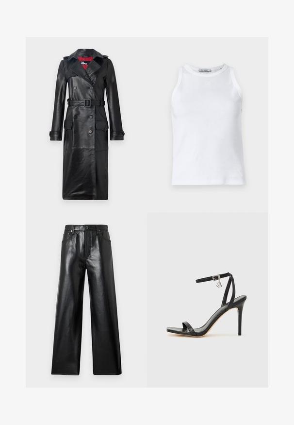 The Kooples Trenchcoat - black; Weißer, gerippter Tanktop mit rundem Ausschnitt, ärmellosem Design und kleinem Logo auf der Vorderseite. Glatte Textur und figurbetonter Schnitt.; Schwarze, weit geschnittene Kunstlederhose mit hoher Taille, vorne mit Knopf- und Reißverschluss sowie vorderen und hinteren Taschen vor hellgrauem Hintergrund.; Schwarze High-Heel-Sandale mit schmalem Knöchelriemen, quadratischer Zehenbox, glattem Leder und metallischem Schnallenakzent.